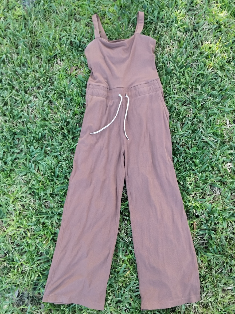 Vuori Brown Ribbed Sleeveless Wide-Leg Square Neck Drawstring Jumpsuit L